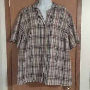 3x short sleeve Brown, cream, Black plaid blouse